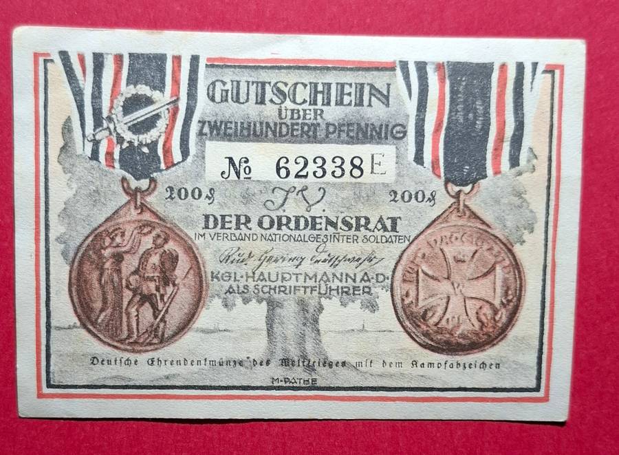 DEUTSCHES REICH 200 Pfennig 1922, Notgeld Berlin, Ordensrat Nationalgesinnter Soldaten, Metz **EF+**