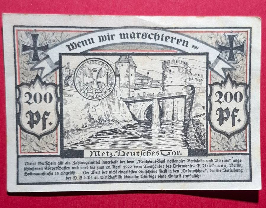 DEUTSCHES REICH 200 Pfennig 1922, Notgeld Berlin, Ordensrat Nationalgesinnter Soldaten, Metz **EF+**