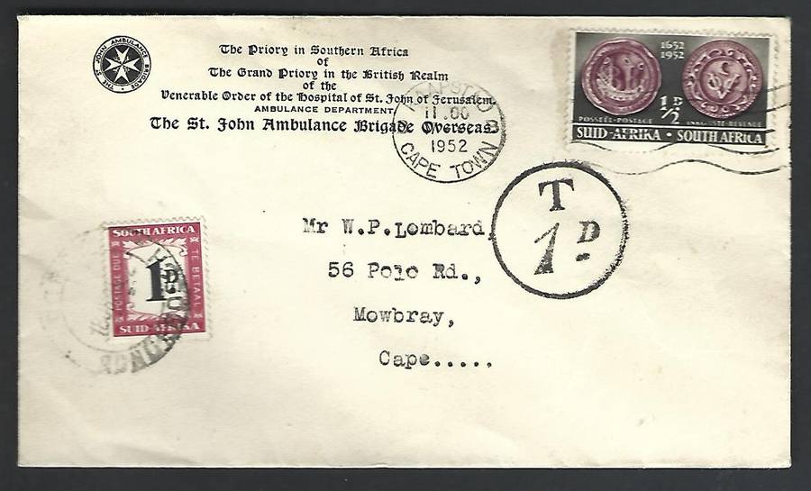 Union of SA - St. John Ambulance Brigade  envelope with postage due variety