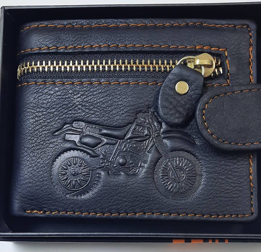 Genuine Cowhide Leather Wallet with Motor Bike Engraving, Black Color