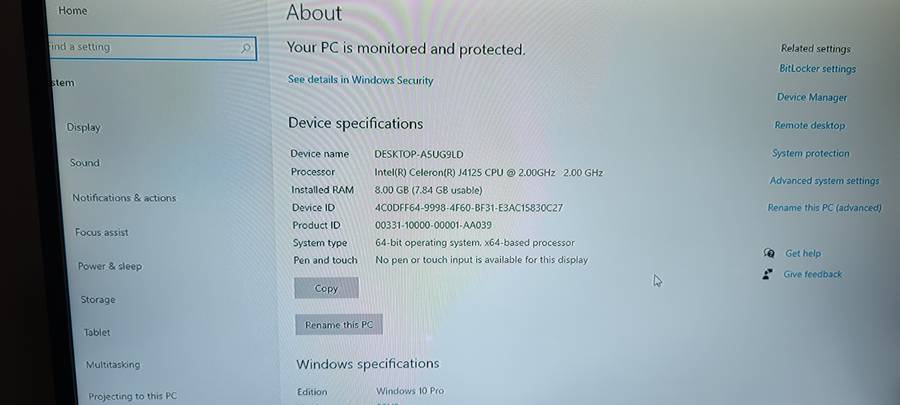 Intel Celeron J4125, 8Gb Ram, 256 HDD