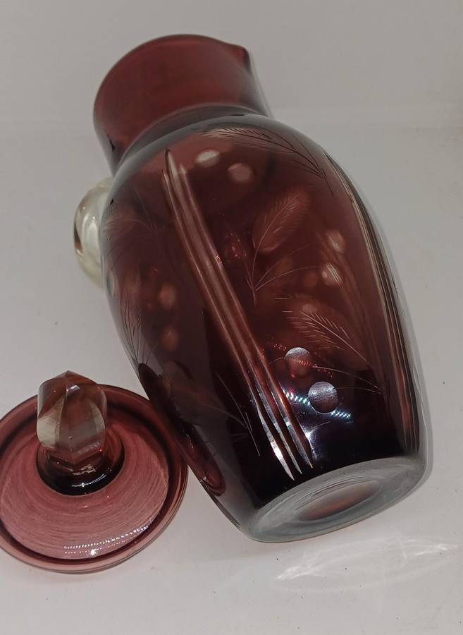 Vintage Ruby red cutglass pitcher with lid