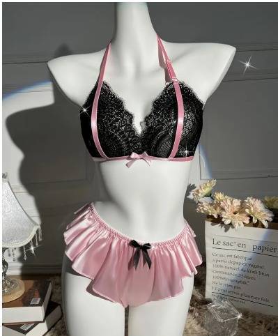 ladies 2 piece pink and black lingerie set black lace bralette, pink satin G-string sizes small, med