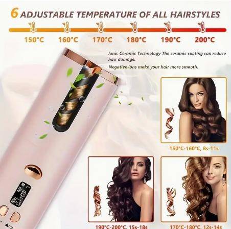 Portable USB Charging Rotating Curling Iron, Wireless Automatic Hair Curler, Tangle-Free Ceramic Cyl