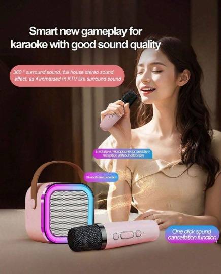 Mini Karaoke box speaker with two mics - pink