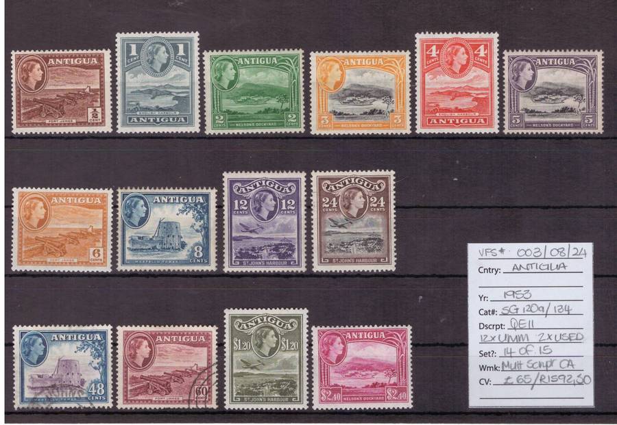 Antigua, 1953, QEll, 12 x UMM, 2 x USED, SG 120a-134CV Est R1500