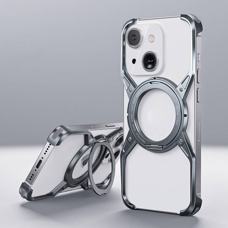 iPhone 13 / 14 / 15 Aluminum Frameless Case  360° Rotating Stand, Magnetic Ring, Shock-Safe Corners