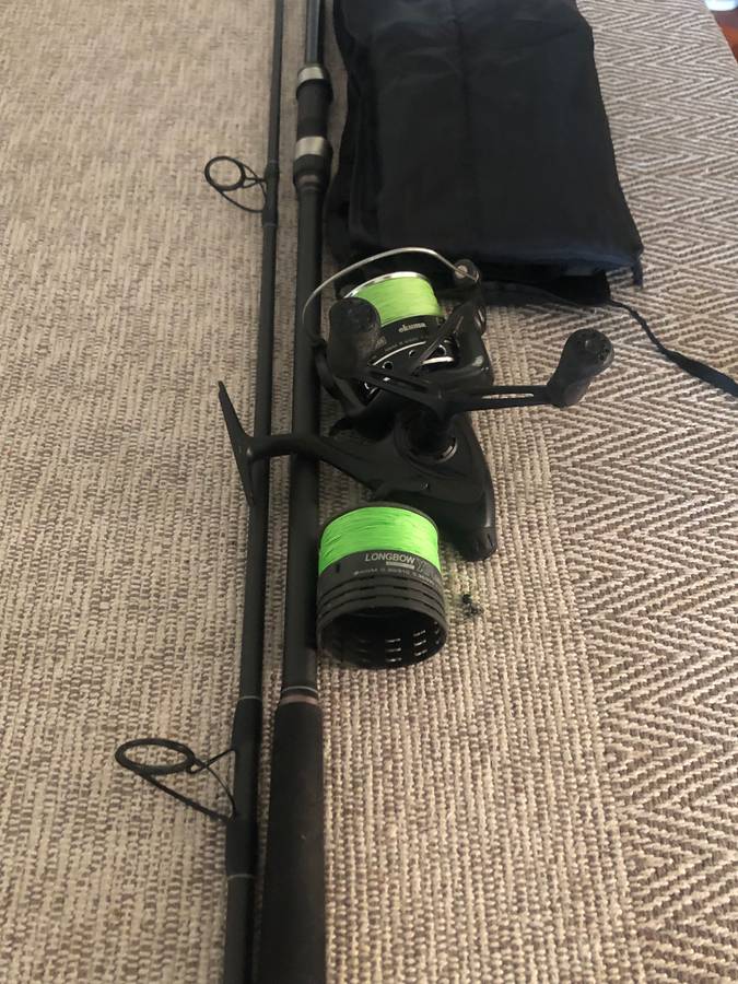 Okuma longbow reel +10 ft carbon Ibird rod +350m braid+ Sleeve +Spare reel spool