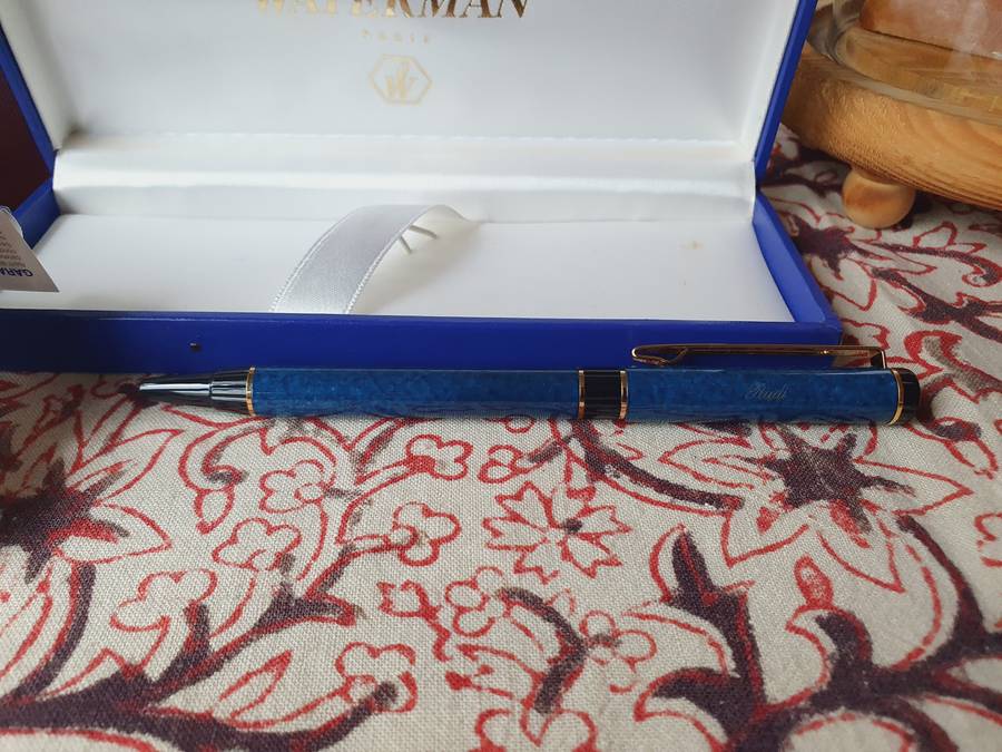 Vintage Waterman Dark Blue Marble Fountain Pen in Box with Book (Personalized) Paris Made