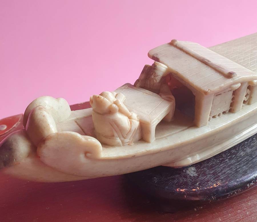 Vintage Chinese Soapstone Carved Emperor Sailing Boat on Wooden Stand