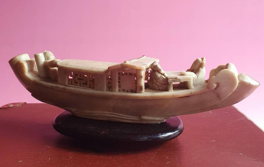 Vintage Chinese Soapstone Carved Emperor Sailing Boat on Wooden Stand