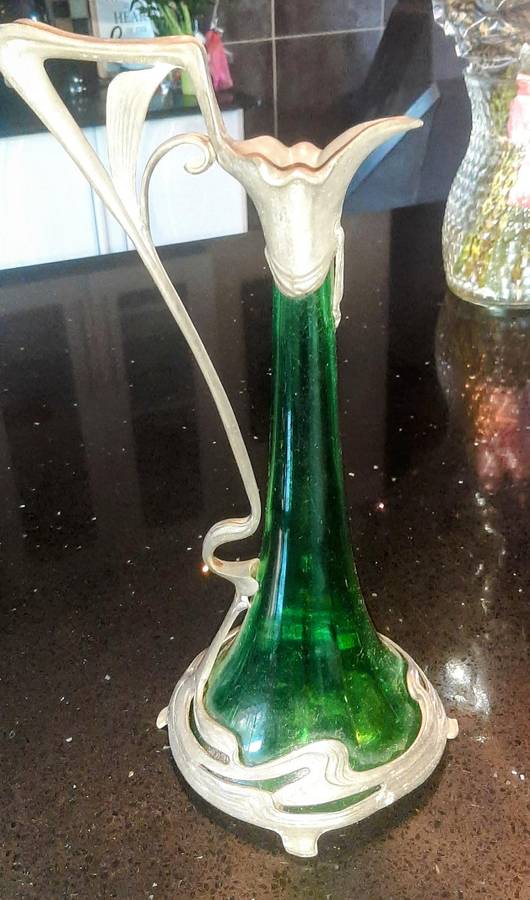 WMF antique art nouveau decanter 1905 pewter and green glass.