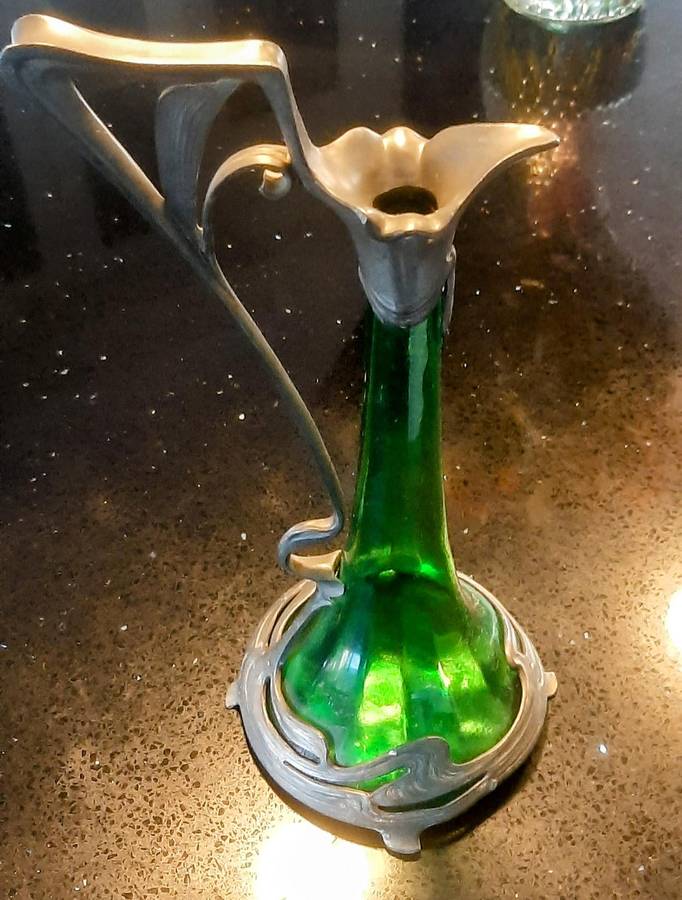 WMF antique art nouveau decanter 1905 pewter and green glass.