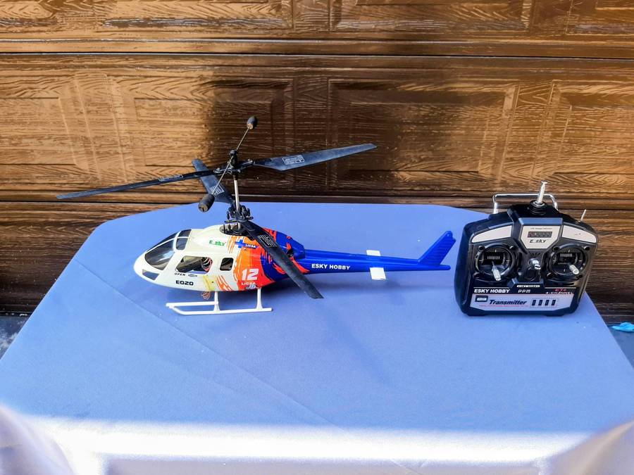 Esky Big Lama coaxial RC helicopter and its remote control.  The Esky Big Lama for beginners.Working