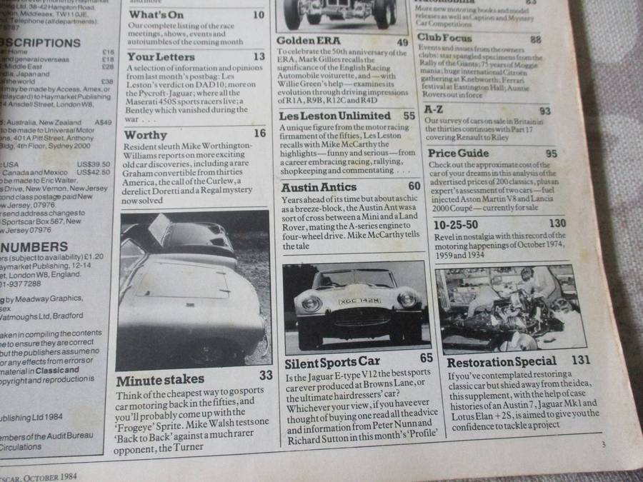 CLASSIC AND SPORTSCAR OCTOBER 1984 ( jaguar e-type, austin ant, sunbeam rapier, ferrari 500 superfas