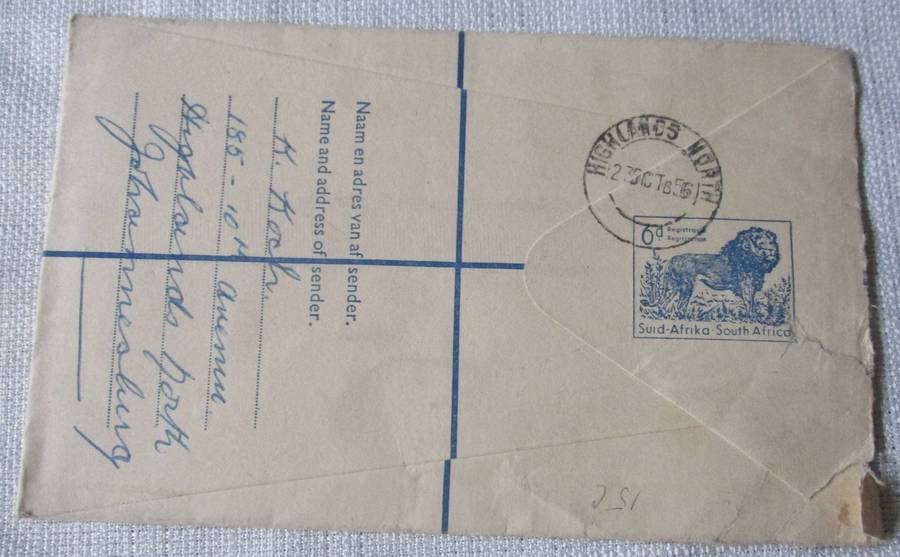 HIGHLANDS NORTH TO JOHANNESBURG   REGISTERED LETTER / ENVELOPE  1956