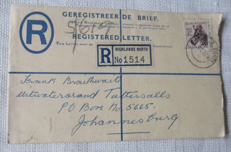 HIGHLANDS NORTH TO JOHANNESBURG   REGISTERED LETTER / ENVELOPE  1956