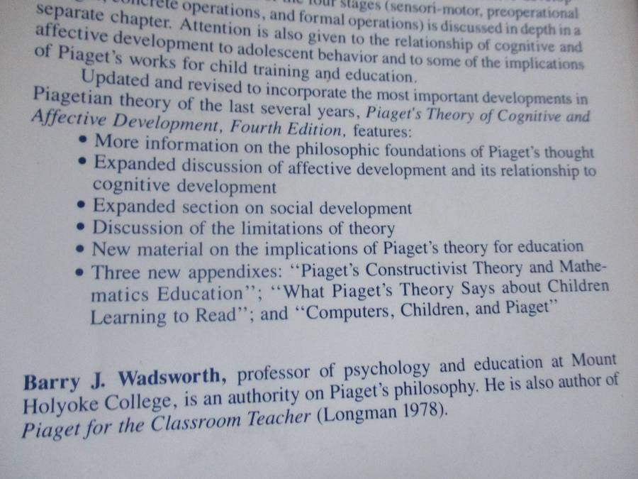 PLAGET'S THEORY OF COGNITIVE AND AFFECTIVE DEVELOPMENT - BARRY J WADSWORTH ( FOURTH EDITION )