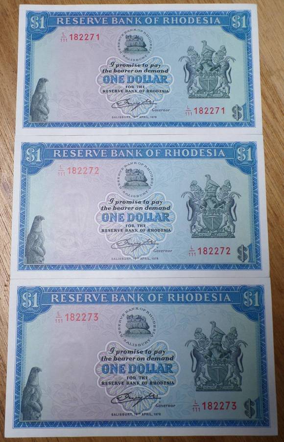 3x Rhodesia 1 Dollar 1978 - aUNC to UNC condition