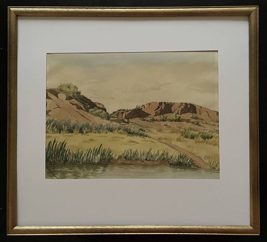 "KAROO RIVER STREAM" - ORIGINAL P WHITWORTH WATER COLOUR PAINTING IN GOLD FRAME