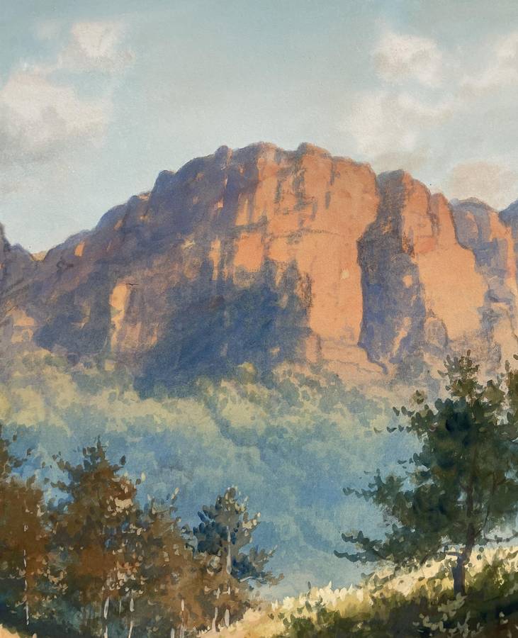 FAMOUS IRISH ARTIST - GEORGE TREVOR - ORIGINAL WATERCOLOR - BUTTRESS OF TABLE MOUNTAIN SOUTH AFRICA