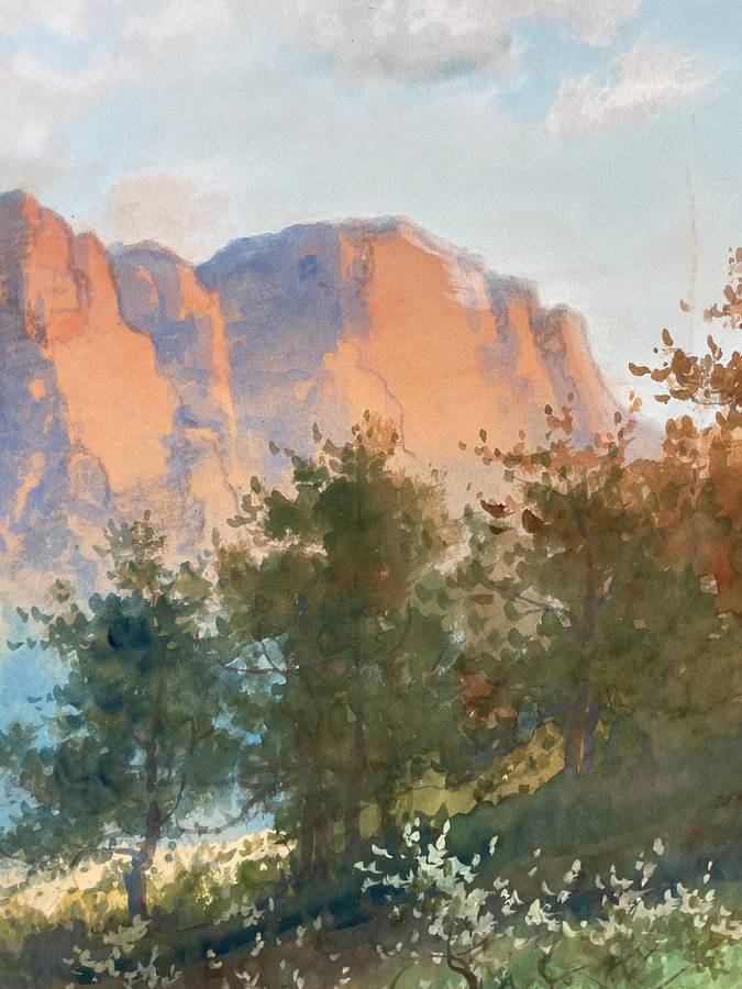 FAMOUS IRISH ARTIST - GEORGE TREVOR - ORIGINAL WATERCOLOR - BUTTRESS OF TABLE MOUNTAIN SOUTH AFRICA