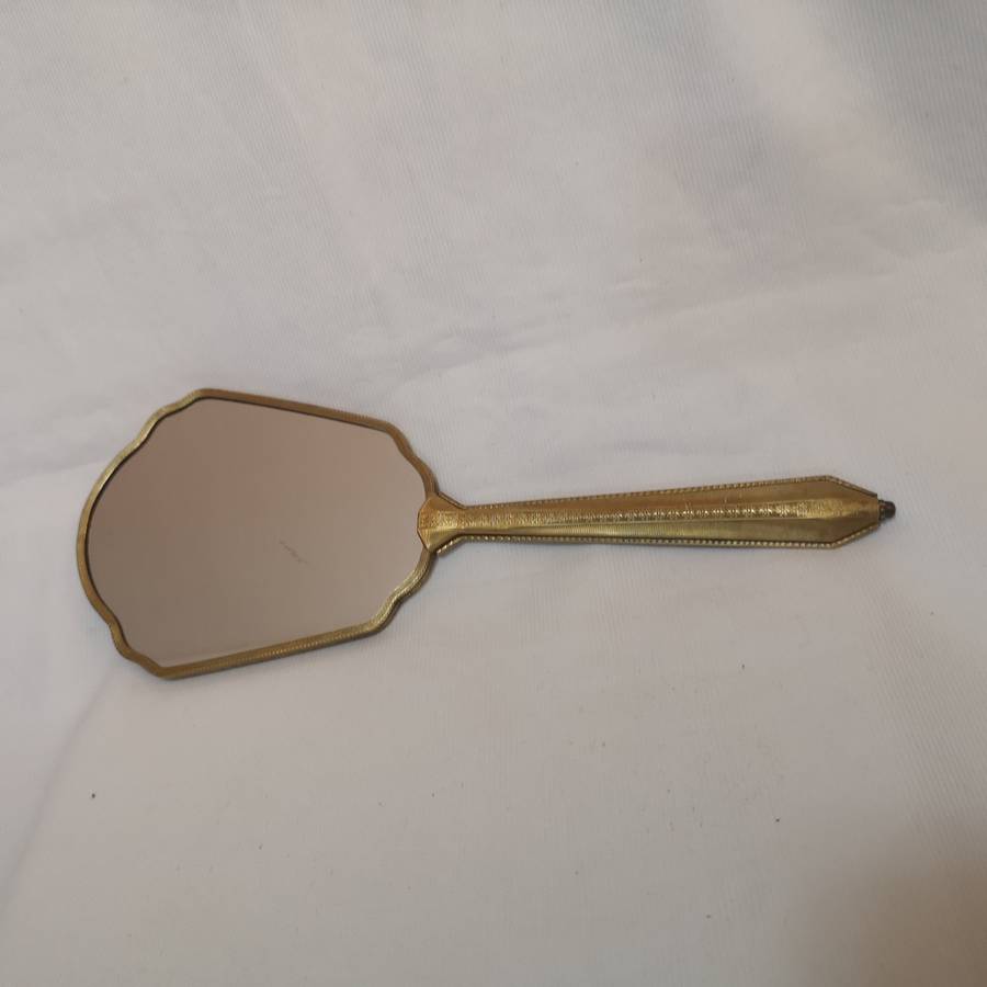 1950s/60s vintage floral dressing table handheld vanity mirror. Gold tone mirror.