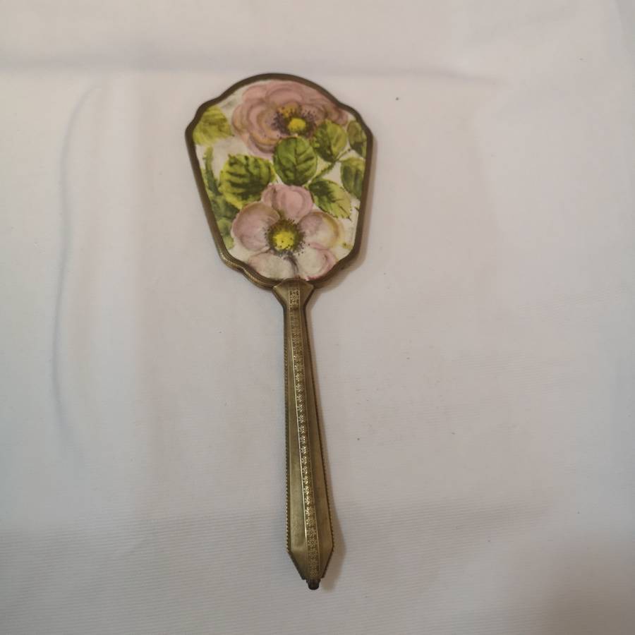 1950s/60s vintage floral dressing table handheld vanity mirror. Gold tone mirror.
