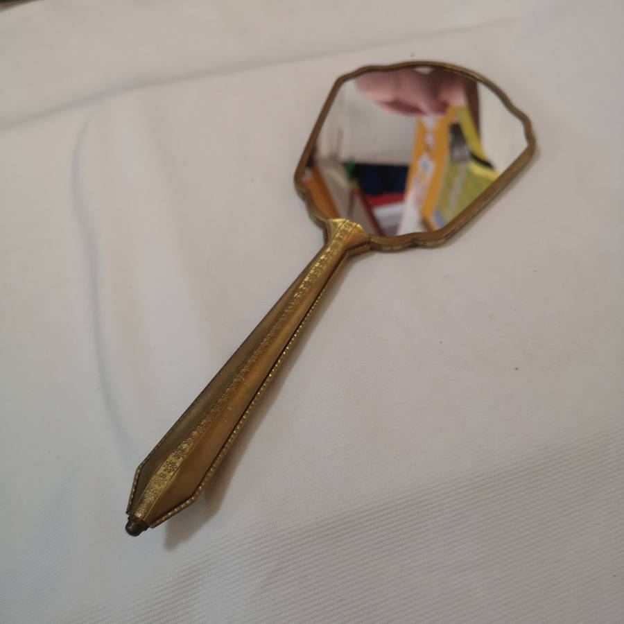 1950s/60s vintage floral dressing table handheld vanity mirror. Gold tone mirror.