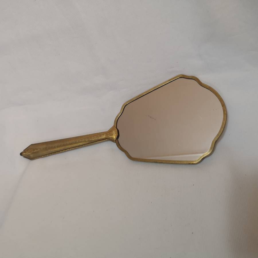1950s/60s vintage floral dressing table handheld vanity mirror. Gold tone mirror.