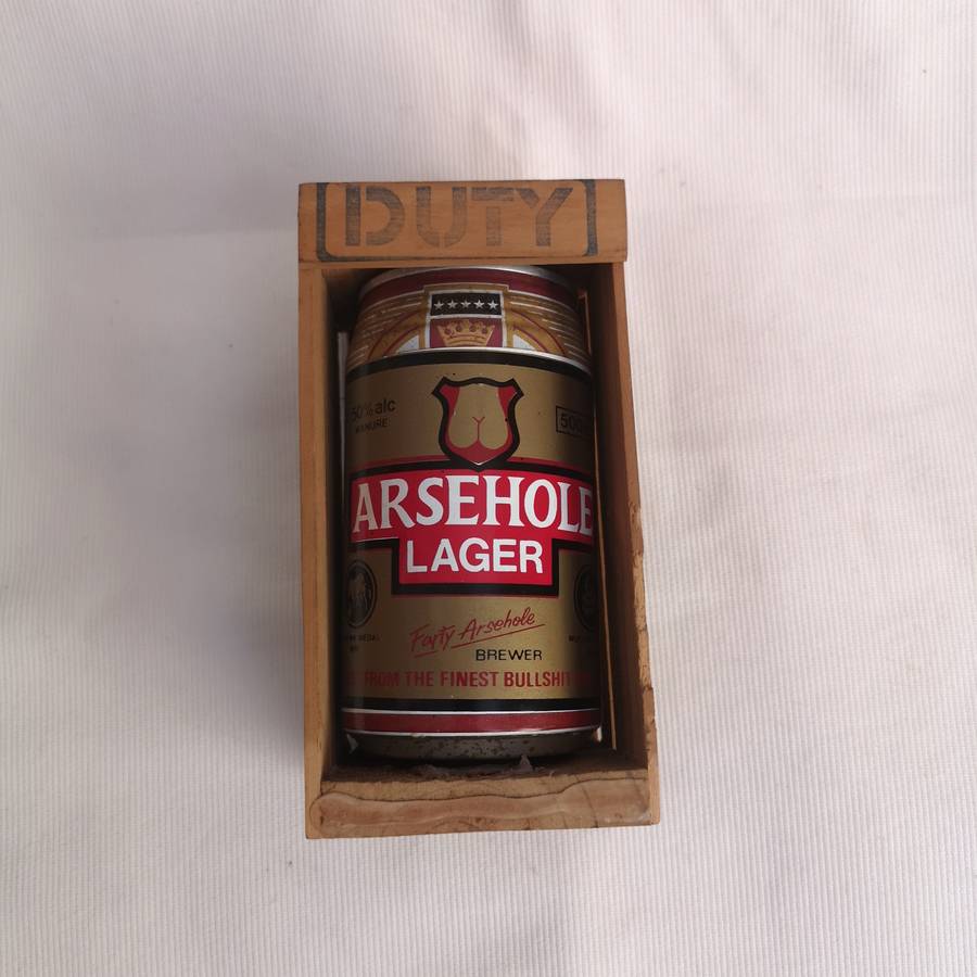 Parody Beer can in Crate- A##hole Lager