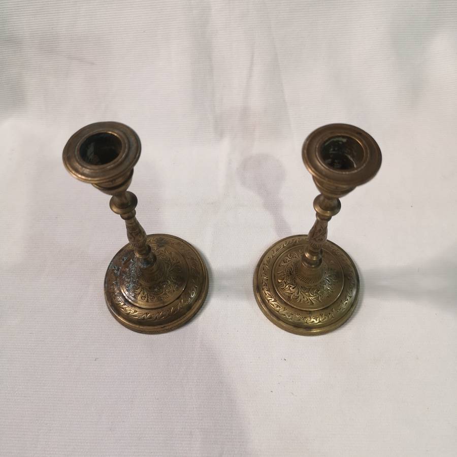 Antique Indian Brass Candlestick Pair