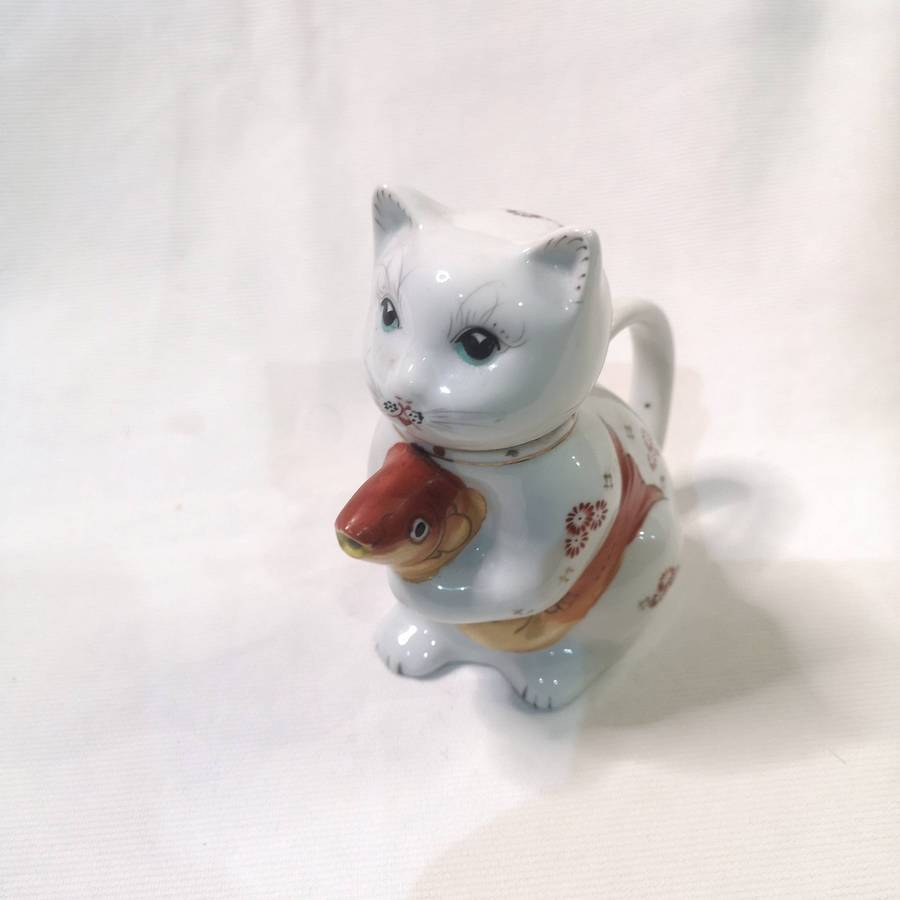 Vintage 1970s Chinese Cat Mini Teapot with Goldfish Spout