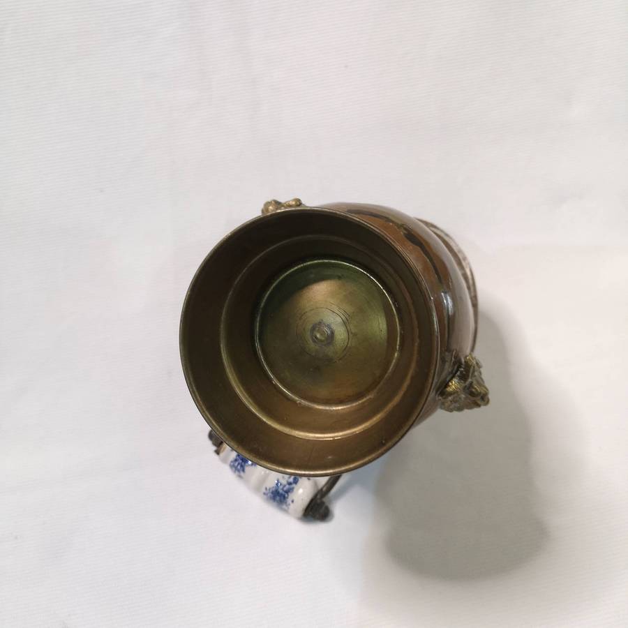 Copper Ash Coal Bucket with Brass Lion's Design and Ceramic Handle Decoration