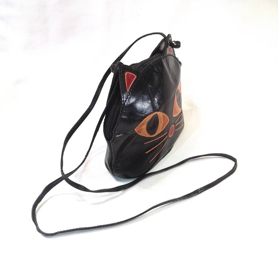 Vintage Leather Small Handbag - Double sided cat face design - - purse shoulder bag