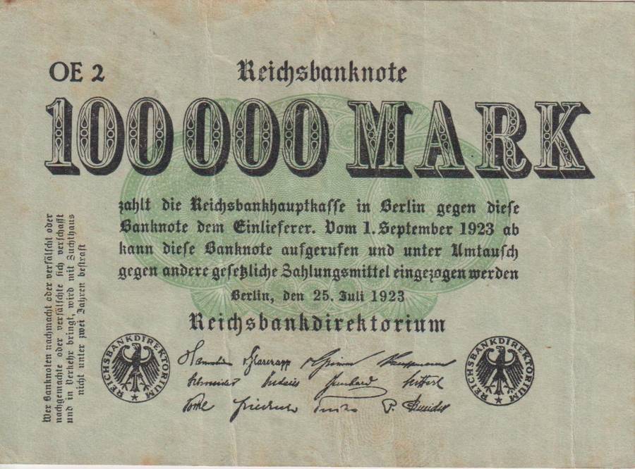 GERMANY/Reichsbanknote 100,000 MARK 1923 P91 VF