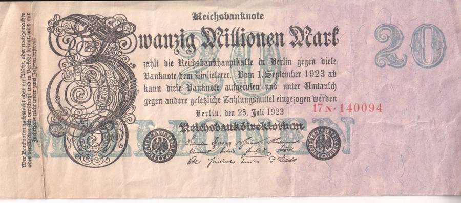 GERMANY 20,000,000 (20 MILLION) MARK REICHSBANKNOTE 1923 P97 VF (USED)
