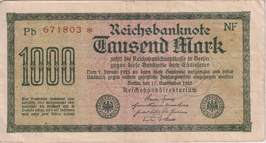 Germany 1000 Mark 1922, P-76  RED SERIAL NUMBER