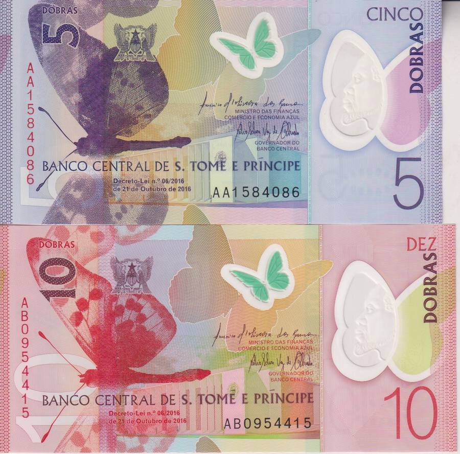 St. Thomas & Prince 5-10 Dobras 2 Pieces Banknote Set, 2016, P-70-71, UNC, Polymer