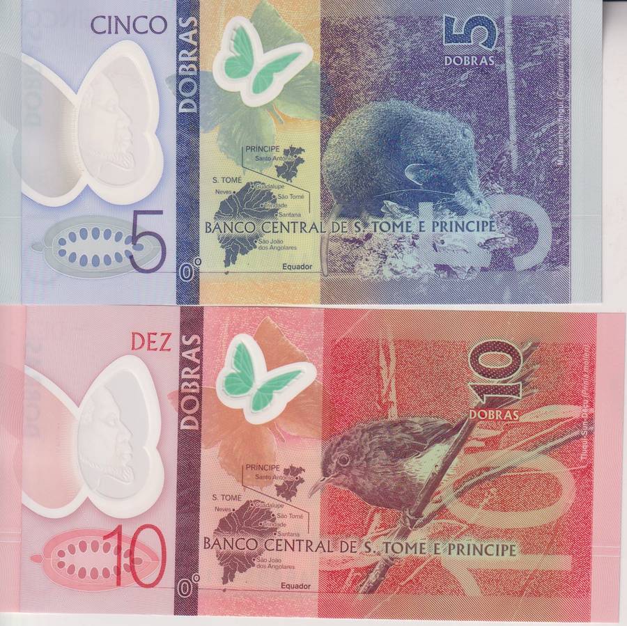 St. Thomas & Prince 5-10 Dobras 2 Pieces Banknote Set, 2016, P-70-71, UNC, Polymer