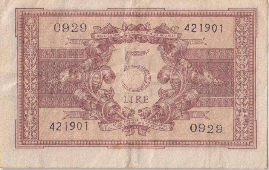 Italy 5 Lire, 1944 P31 VF