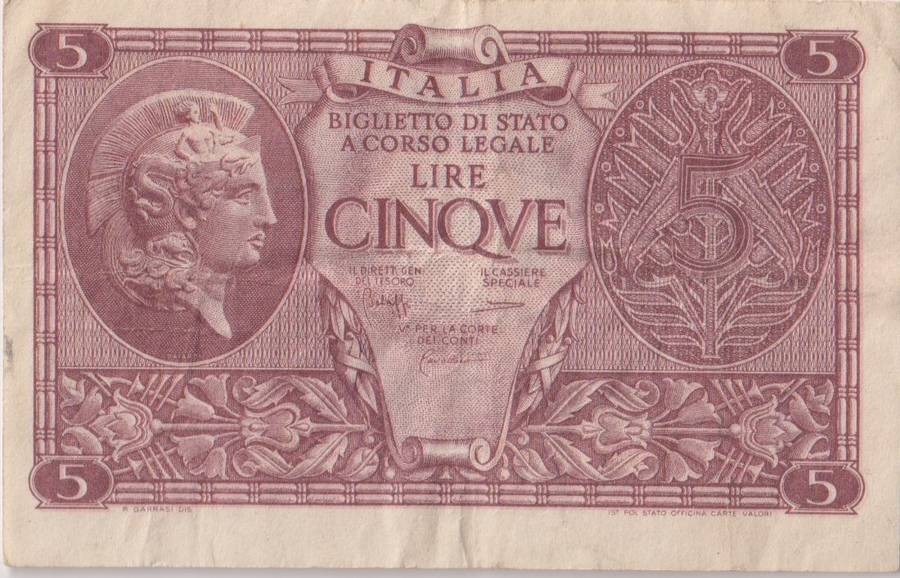 Italy 5 Lire, 1944 P31 VF