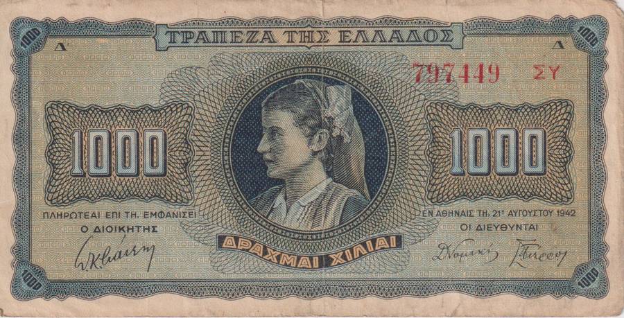 GREECE 1,000 DRACHMAI 1942 P118 F