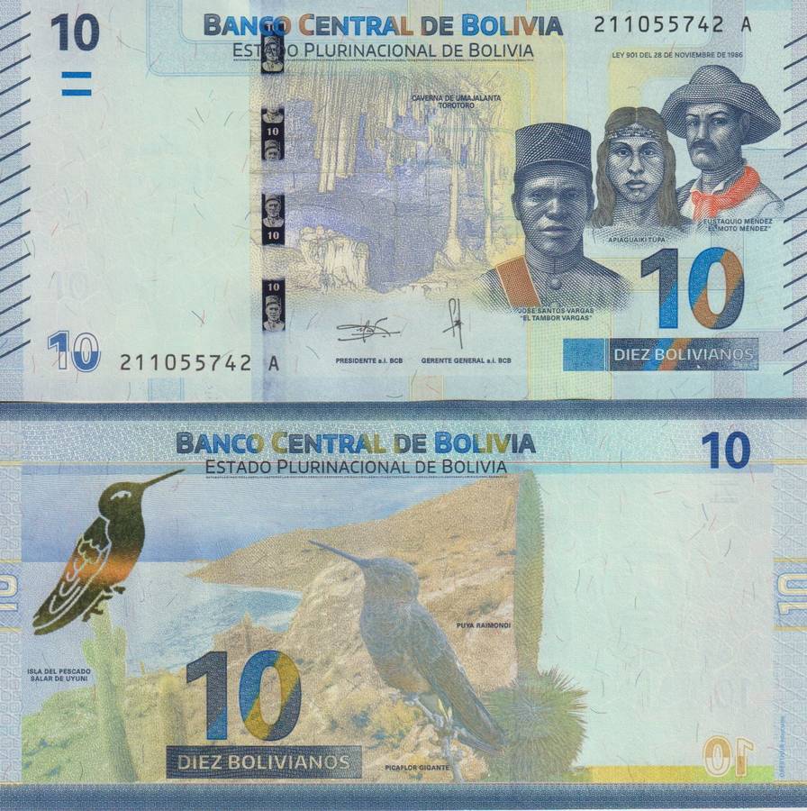 Bolivia 10 Bolivianos (2018) - Island/Bird/New Sig./p-248b, B417b UNC