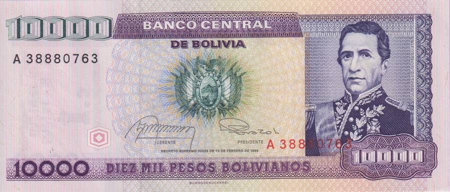 BOLIVIA 10,000 PESOS 1984 P169 UNC