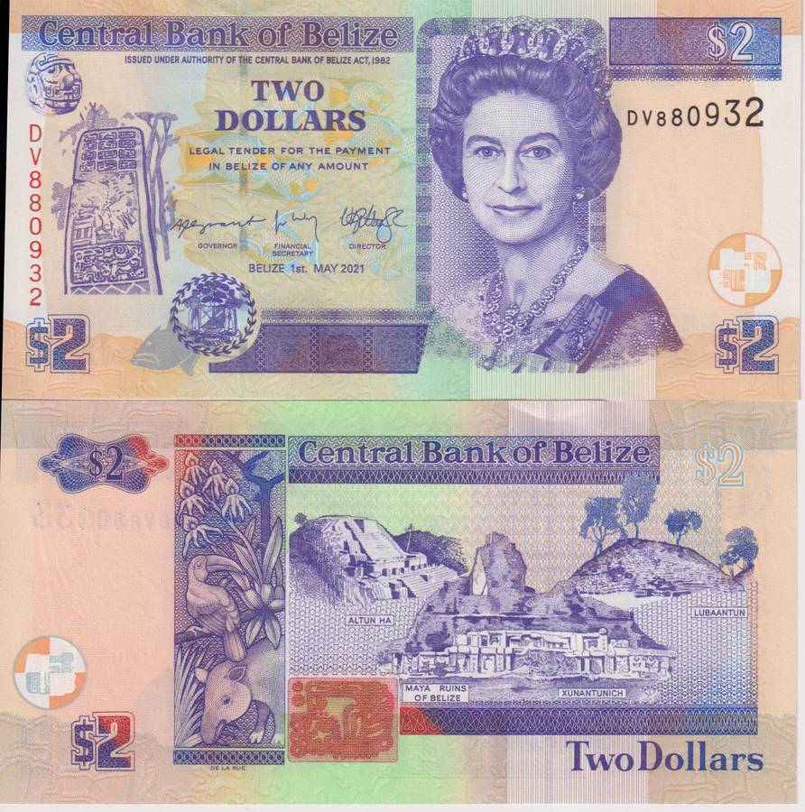 Belize 2 Dollars 2021, P-66, QUE II, New Sign, New Date UNC