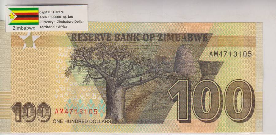 Zimbabwe 100 Dollars 2020 P 106 UNC with country information sticker