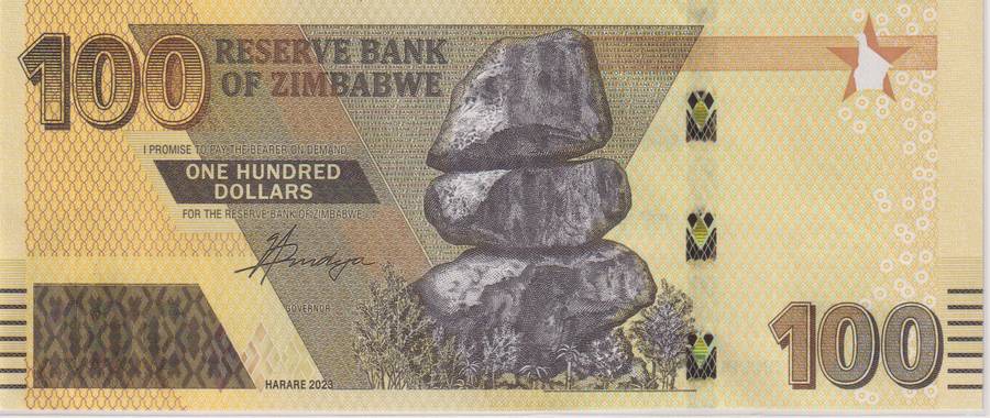 Zimbabwe 100 Dollars 2020 P 106 UNC with country information sticker