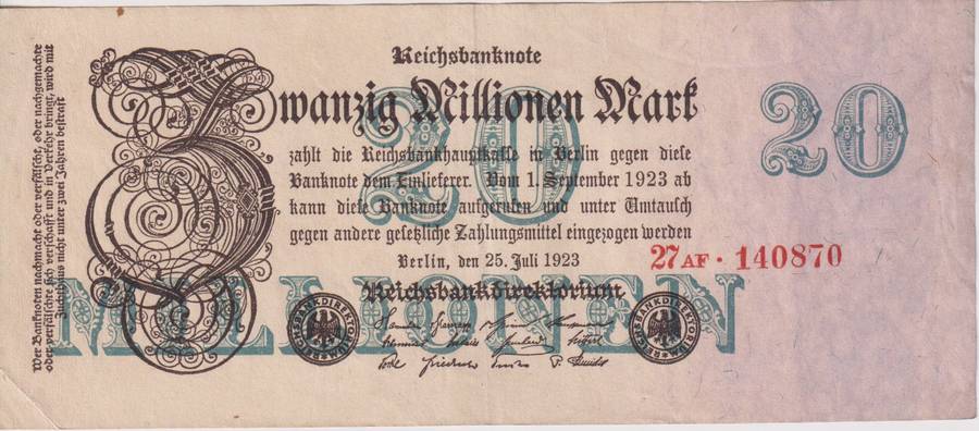 GERMANY 20,000,000 (20 MILLION) MARK REICHSBANKNOTE 1923 P97 VF (USED)
