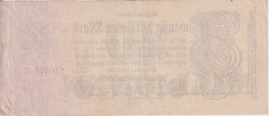 GERMANY 20,000,000 (20 MILLION) MARK REICHSBANKNOTE 1923 P97 VF (USED)